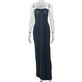 Women's Strapless Solid Lace-Up Slim Fit Low Back Long Dress