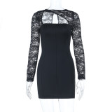 Women's Long Sleeve Patchwork Slim Fit Bodycon Mini Dress