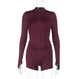 Women's Deep V Zip Long Sleeve Top & Tight Fitting Peach Hip Yoga Shorts Set