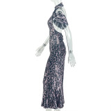 Women's Color Block Bodycon Strapless Mock Neck Formal Party Chic Long Dress