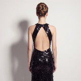 Formal Party Chic Halter Neck Low Back Sequin Split Slim Fit Evening Gown for Bridal