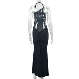Women's Fashion Low Waist Halter Neck Bodycon Low Back Solid Long Dress