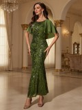 Summer/Fall Round Neck Cape Sleeve Sequin Patchwork Mermaid Formal Party Dress