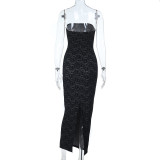 Women's Strapless Lace Patchwork Sexy Low Back Split Bodycon Long Dress
