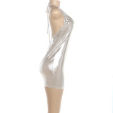 Summer Fashion Deep V Halter Neck Low Back Tight Fitting Bodycon Dress