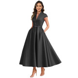 Satin Deep V Slim Waist A-line Formal Party Dress（Processing time need 3-6 days）