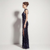Formal Party Chic Halter Neck Low Back Sequin Split Slim Fit Evening Gown for Bridal