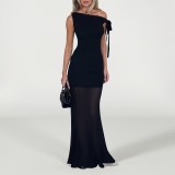 Summer Chic Slash Shoulder Mesh Ribbon Long Dress