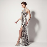 Formal Party Chic Halter Neck Low Back Sequin Split Slim Fit Evening Gown for Bridal