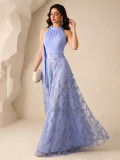 Summer/Fall Halter Neck Ribbon Tie Patchwork Pleated Embroidered A-Line Formal Party Dress
