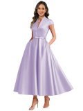 Satin Deep V Slim Waist A-line Formal Party Dress（Processing time need 3-6 days）