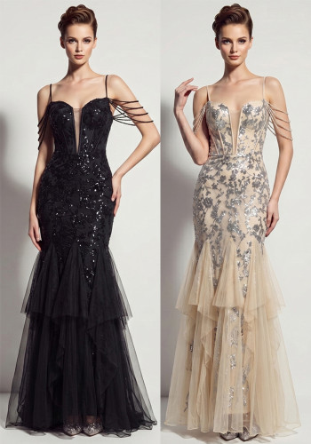 Sexy Sequin Fringe Slim Fit Mermaid Formal Party Evening Gown