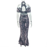 Women's Color Block Bodycon Strapless Mock Neck Formal Party Chic Long Dress