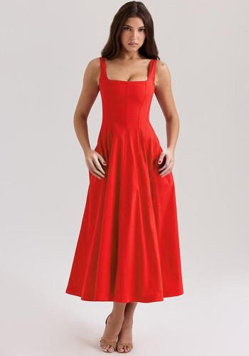 Women's Chic Sexy Low Back Slim Waist Strap Red Midi Dress