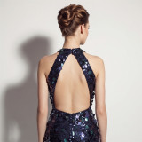 Formal Party Chic Halter Neck Low Back Sequin Split Slim Fit Evening Gown for Bridal