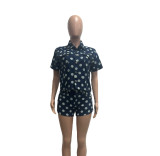 Casual Style Printed Polka Dot Denim Two-Piece Shorts Set