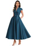 Satin Deep V Slim Waist A-line Formal Party Dress（Processing time need 3-6 days）