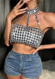 Women's Fashion Style Gemstone Patchwork Halter Neck Vest