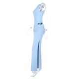 Women's Sexy Sleeveless Slim Fit Open Waist Satin Split Dress