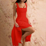 Women's Chic Sexy Low Back Slim Waist Strap Red Midi Dress