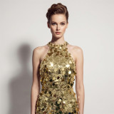 Formal Party Chic Halter Neck Low Back Sequin Split Slim Fit Evening Gown for Bridal