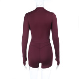 Women's Deep V Zip Long Sleeve Top & Tight Fitting Peach Hip Yoga Shorts Set