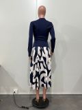 Fall/Winter Women's Fashion Geometric High Waist Skirt Long Sleeve Top Two-Piece Set