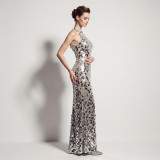 Formal Party Chic Halter Neck Low Back Sequin Split Slim Fit Evening Gown for Bridal