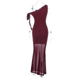 Summer Chic Slash Shoulder Mesh Ribbon Long Dress