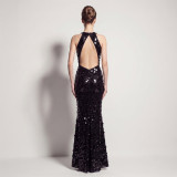 Formal Party Chic Halter Neck Low Back Sequin Split Slim Fit Evening Gown for Bridal