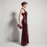 Formal Party Chic Halter Neck Low Back Sequin Split Slim Fit Evening Gown for Bridal