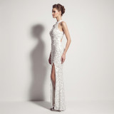 Formal Party Chic Halter Neck Low Back Sequin Split Slim Fit Evening Gown for Bridal
