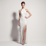 Formal Party Chic Halter Neck Low Back Sequin Split Slim Fit Evening Gown for Bridal