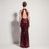 Formal Party Chic Halter Neck Low Back Sequin Split Slim Fit Evening Gown for Bridal