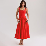 Women's Chic Sexy Low Back Slim Waist Strap Red Midi Dress