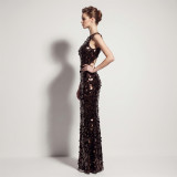Formal Party Chic Halter Neck Low Back Sequin Split Slim Fit Evening Gown for Bridal