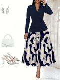 Fall/Winter Women's Fashion Geometric High Waist Skirt Long Sleeve Top Two-Piece Set