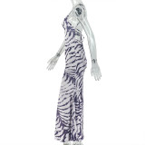 Women's Chic Color Block Striped Bodycon Slim Waist Strap Formal Party Lace-Up Deep V Long Dress