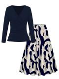 Fall/Winter Women's Fashion Geometric High Waist Skirt Long Sleeve Top Two-Piece Set
