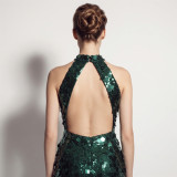 Formal Party Chic Halter Neck Low Back Sequin Split Slim Fit Evening Gown for Bridal