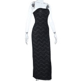 Women's Strapless Lace Patchwork Sexy Low Back Split Bodycon Long Dress
