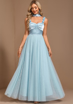 Elegant Halter Neck Patchwork Mesh Pleated Formal Party A-Line Evening Gown Elegant Halter Neck Patchwork Mesh Pleated Formal Party A-Line Evening Gown