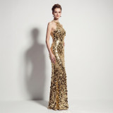 Formal Party Chic Halter Neck Low Back Sequin Split Slim Fit Evening Gown for Bridal