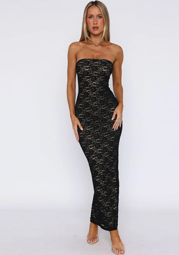 Women's Strapless Lace Patchwork Sexy Low Back Split Bodycon Long Dress