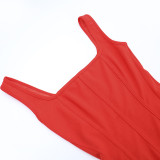Women's Chic Sexy Low Back Slim Waist Strap Red Midi Dress