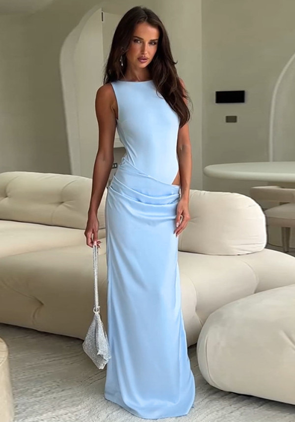 Women's Sexy Sleeveless Slim Fit Open Waist Satin Split Dress