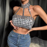Women's Fashion Style Gemstone Patchwork Halter Neck Vest