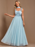 Elegant Halter Neck Patchwork Mesh Pleated Formal Party A-Line Evening Gown
