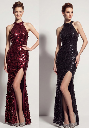 Formal Party Chic Halter Neck Low Back Sequin Split Slim Fit Evening Gown for Bridal