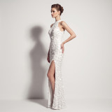 Formal Party Chic Halter Neck Low Back Sequin Split Slim Fit Evening Gown for Bridal